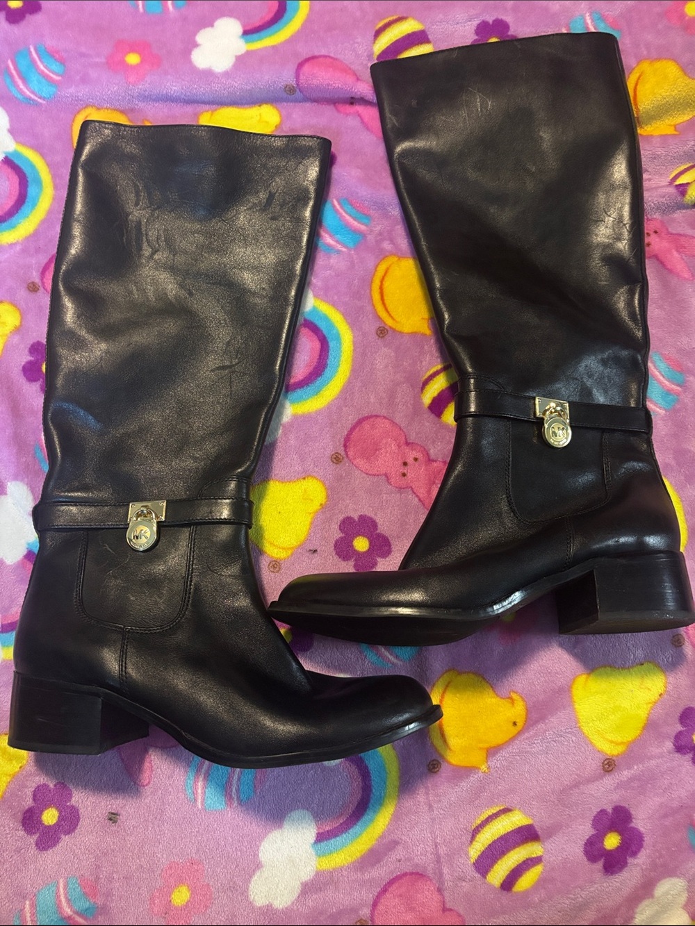 Michael Kors Black Leather Mid-Heel Knee Boots with Gold Accent